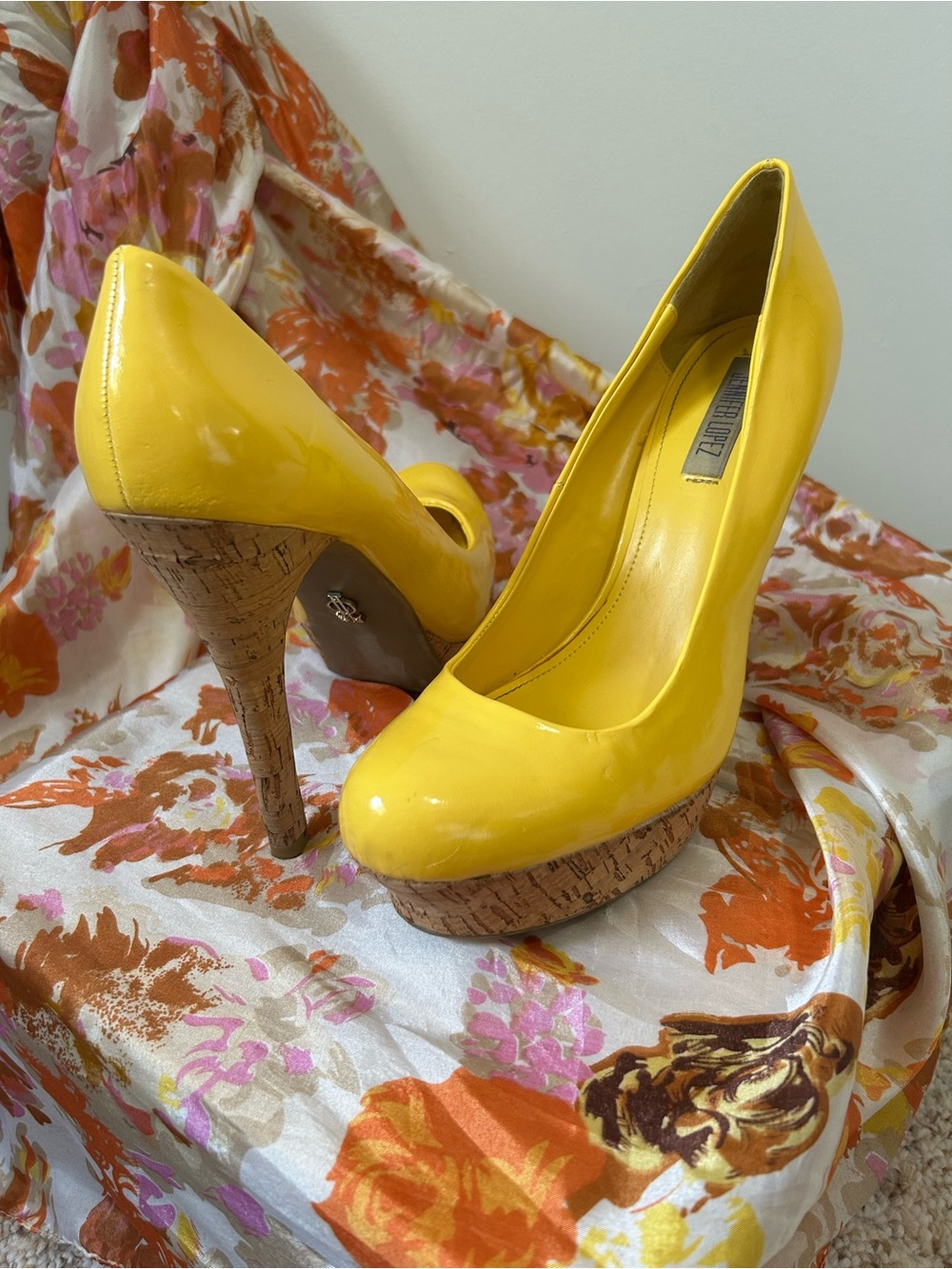 Jennifer Lopez Lalana Yellow Patent Cork Platform Pumps